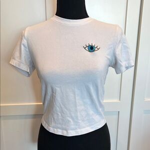 Forever 21 White Tee with Blue Eye Embroidery S